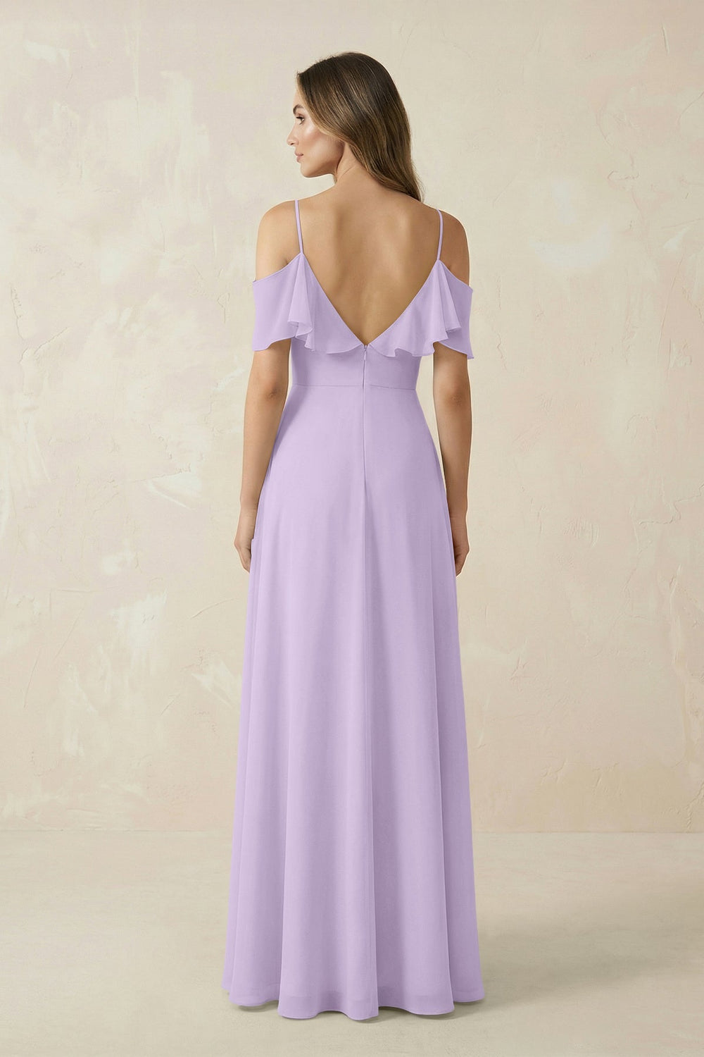 Off - the - Shoulder Ruffled A - Line Chiffon Bridesmaid Dress in Lavender - KissProm Bridesmaid Dresses
