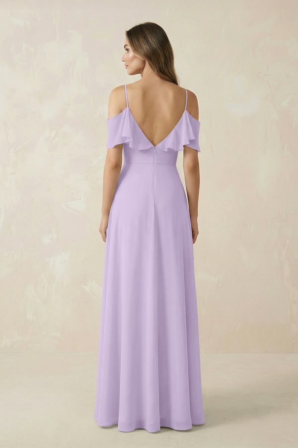 Off - the - Shoulder Ruffled A - Line Chiffon Bridesmaid Dress in Lavender - KissProm Bridesmaid Dresses