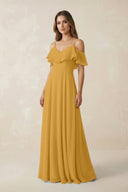 Off - the - Shoulder Ruffled A - Line Chiffon Bridesmaid Dress in Marigold - KissProm Bridesmaid Dresses