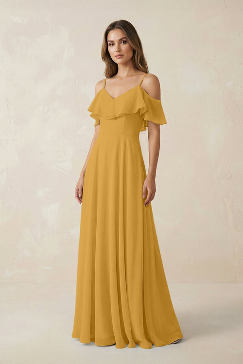 Off - the - Shoulder Ruffled A - Line Chiffon Bridesmaid Dress in Marigold - KissProm Bridesmaid Dresses