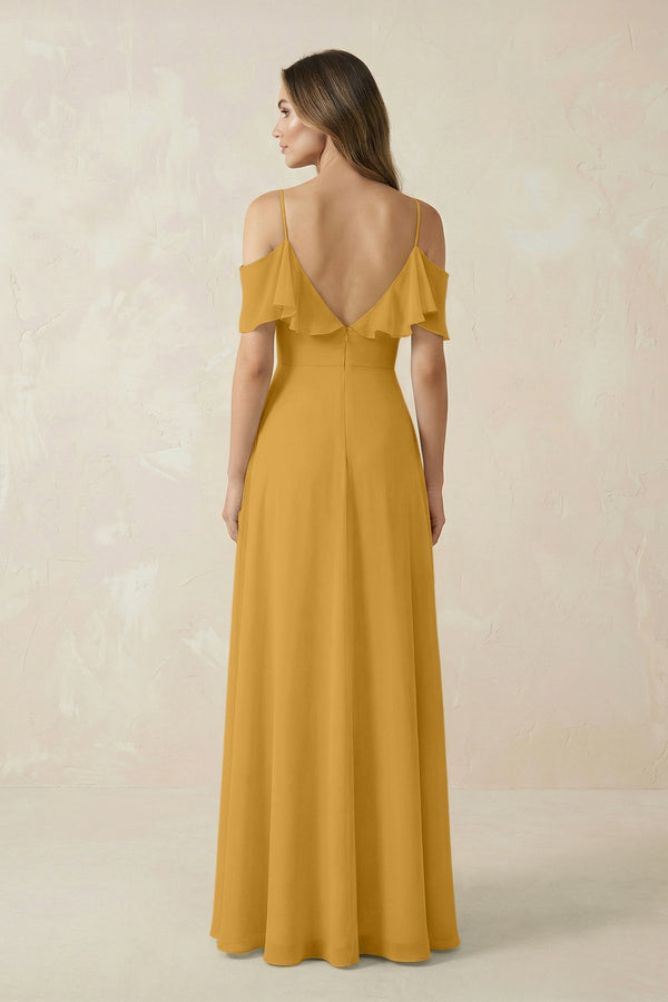 Off - the - Shoulder Ruffled A - Line Chiffon Bridesmaid Dress in Marigold - KissProm Bridesmaid Dresses