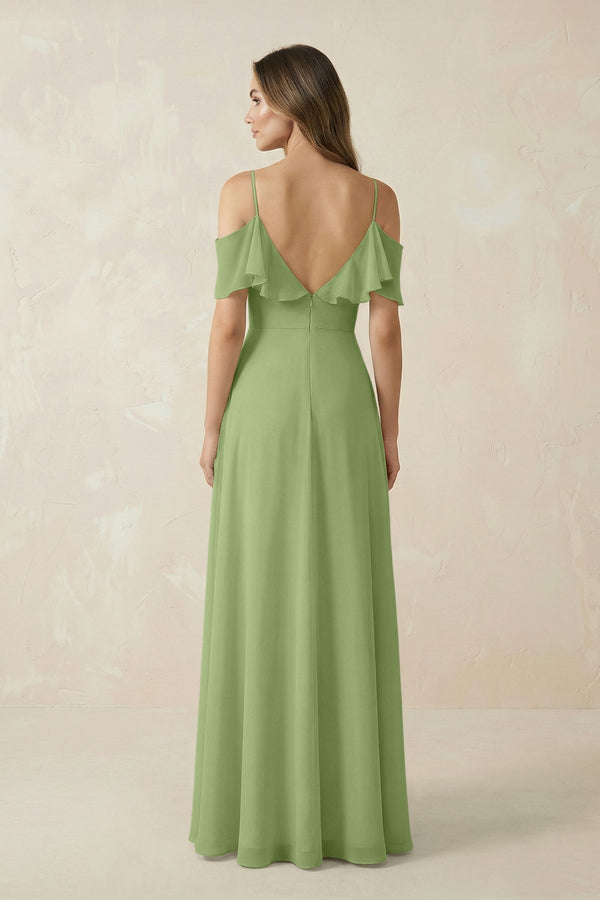 Off - the - Shoulder Ruffled A - Line Chiffon Bridesmaid Dress in Matcha - KissProm Bridesmaid Dresses
