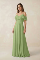 Off - the - Shoulder Ruffled A - Line Chiffon Bridesmaid Dress in Matcha - KissProm Bridesmaid Dresses