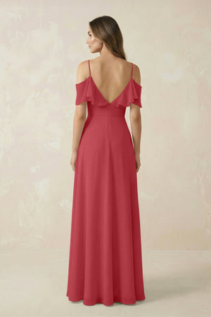 Off - the - Shoulder Ruffled A - Line Chiffon Bridesmaid Dress in Merlot - KissProm Bridesmaid Dresses