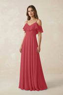 Off - the - Shoulder Ruffled A - Line Chiffon Bridesmaid Dress in Merlot - KissProm Bridesmaid Dresses