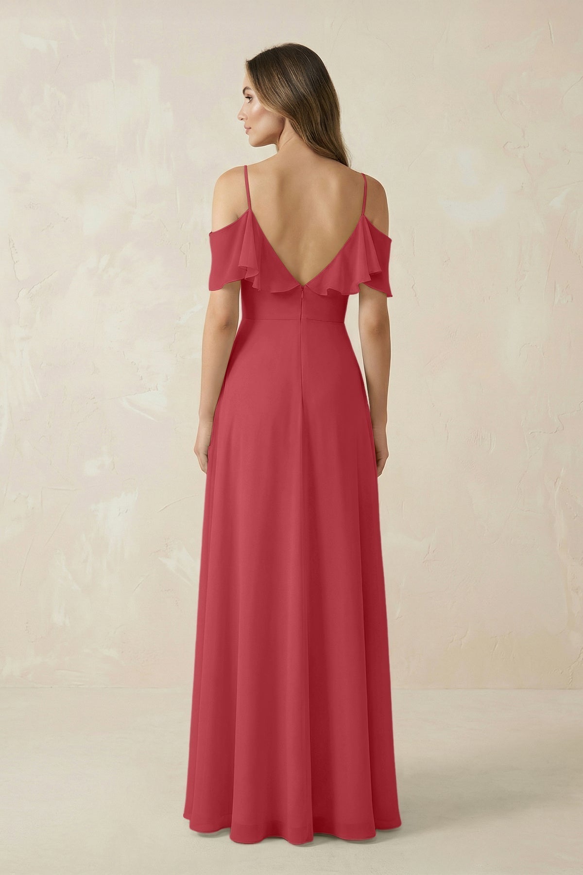 KissProm Off-the-Shoulder Ruffled A-Line Chiffon Bridesmaid Dress in Merlot, Merlot / 4