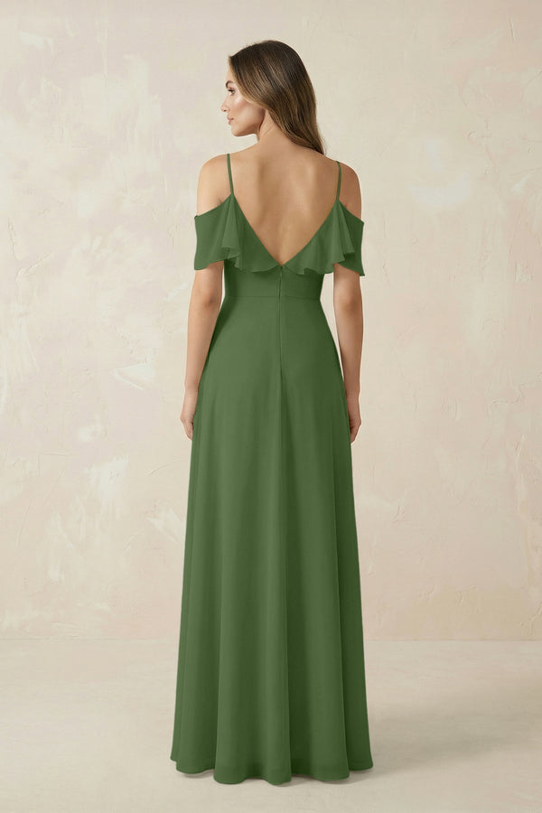 Off - the - Shoulder Ruffled A - Line Chiffon Bridesmaid Dress in Moss - KissProm Bridesmaid Dresses
