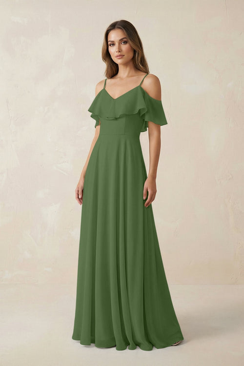 Off - the - Shoulder Ruffled A - Line Chiffon Bridesmaid Dress in Moss - KissProm Bridesmaid Dresses