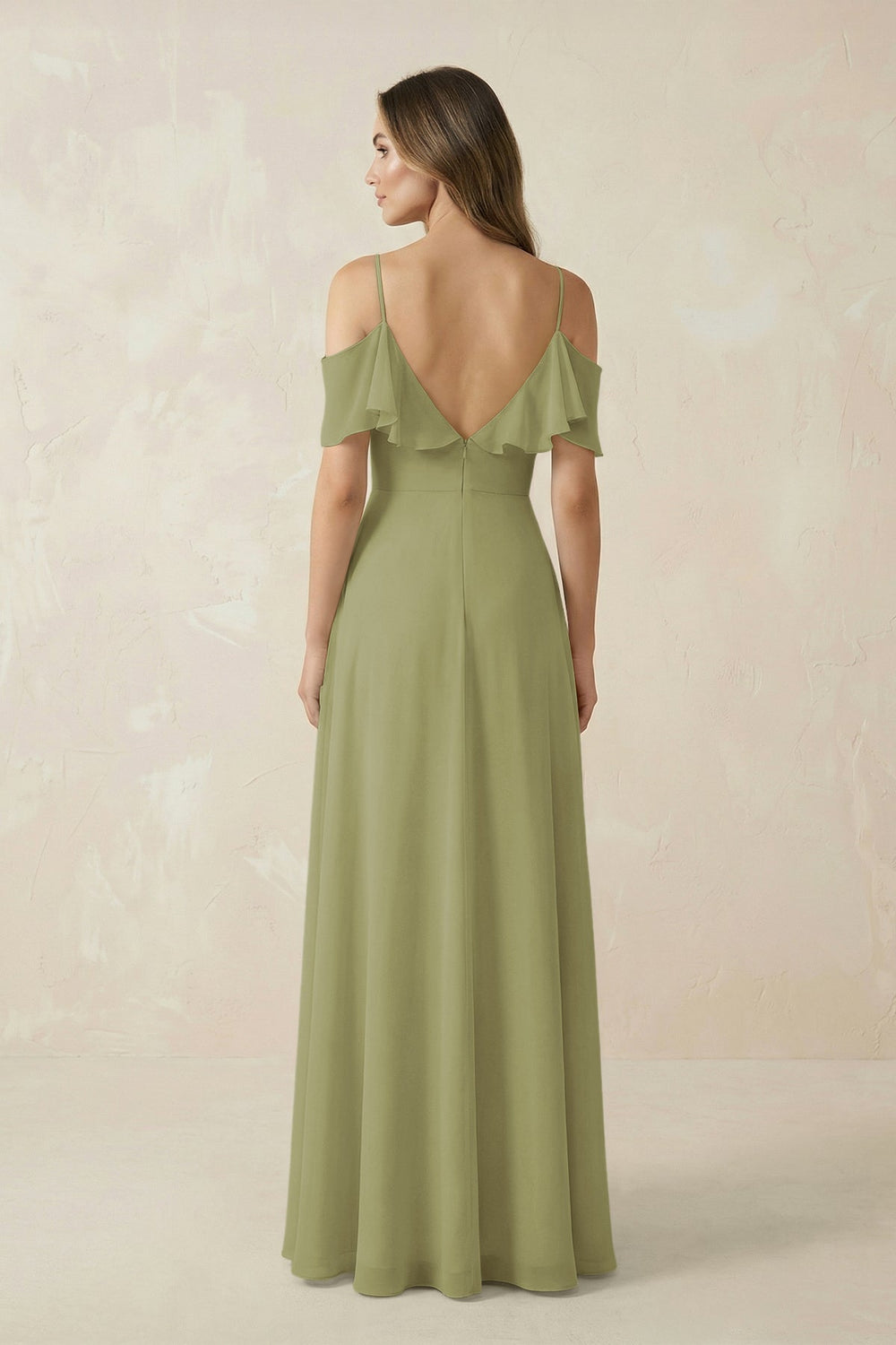 Off - the - Shoulder Ruffled A - Line Chiffon Bridesmaid Dress in Moss Green - KissProm Bridesmaid Dresses