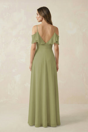 Off - the - Shoulder Ruffled A - Line Chiffon Bridesmaid Dress in Moss Green - KissProm Bridesmaid Dresses