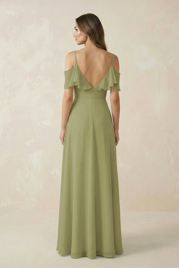 Off - the - Shoulder Ruffled A - Line Chiffon Bridesmaid Dress in Moss Green - KissProm Bridesmaid Dresses