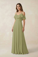Off - the - Shoulder Ruffled A - Line Chiffon Bridesmaid Dress in Moss Green - KissProm Bridesmaid Dresses