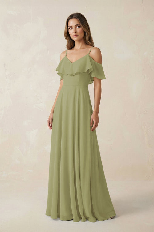 Off - the - Shoulder Ruffled A - Line Chiffon Bridesmaid Dress in Moss Green - KissProm Bridesmaid Dresses