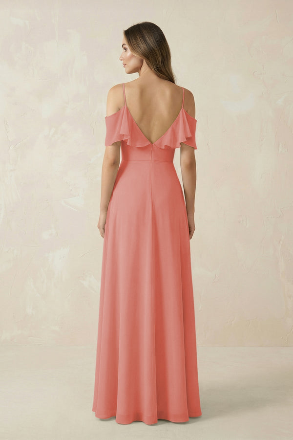 Off - the - Shoulder Ruffled A - Line Chiffon Bridesmaid Dress in Mulberry - KissProm Bridesmaid Dresses