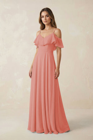 Off - the - Shoulder Ruffled A - Line Chiffon Bridesmaid Dress in Mulberry - KissProm Bridesmaid Dresses