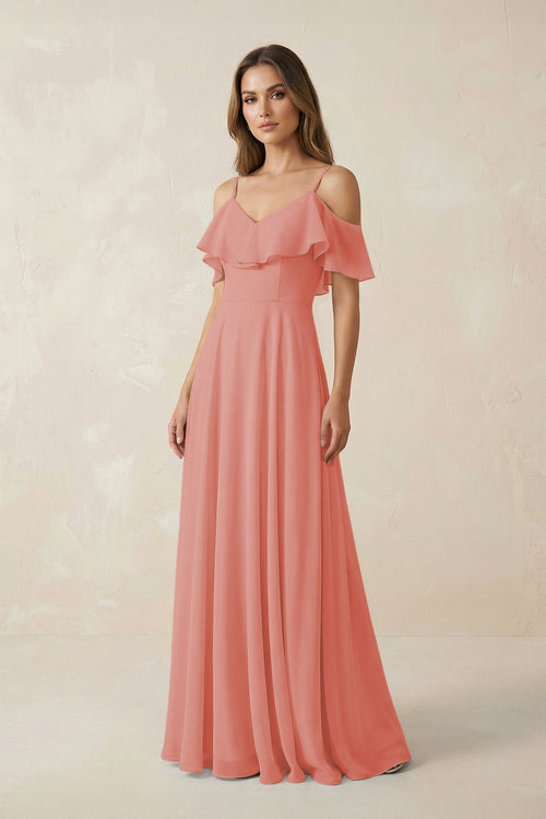 Off - the - Shoulder Ruffled A - Line Chiffon Bridesmaid Dress in Mulberry - KissProm Bridesmaid Dresses