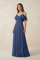 Off - the - Shoulder Ruffled A - Line Chiffon Bridesmaid Dress in Navy - KissProm Bridesmaid Dresses