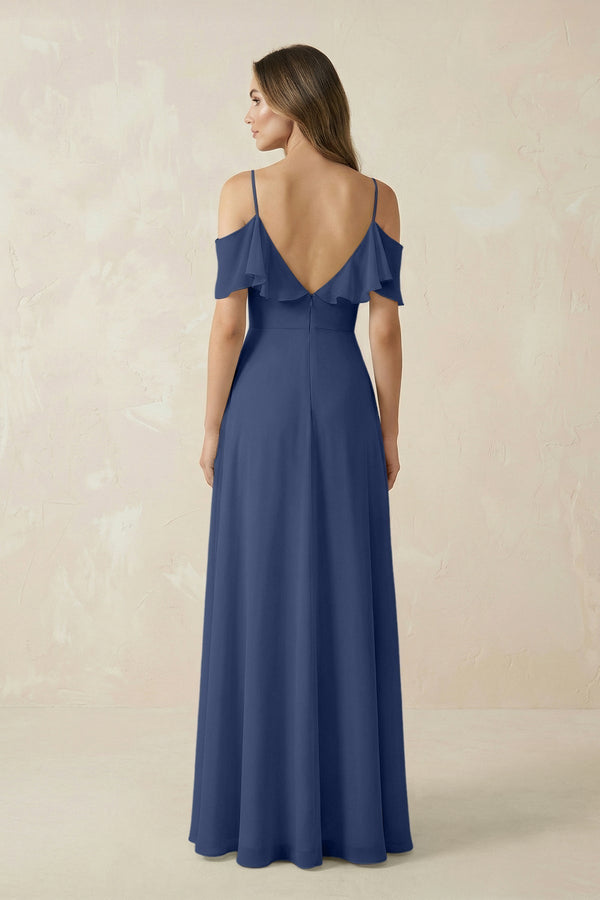 Off - the - Shoulder Ruffled A - Line Chiffon Bridesmaid Dress in Navy - KissProm Bridesmaid Dresses