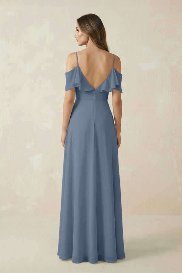 Off - the - Shoulder Ruffled A - Line Chiffon Bridesmaid Dress in Neptune - KissProm Bridesmaid Dresses
