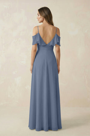 Off - the - Shoulder Ruffled A - Line Chiffon Bridesmaid Dress in Neptune - KissProm Bridesmaid Dresses