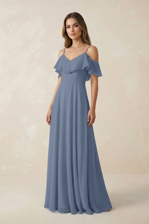 Off - the - Shoulder Ruffled A - Line Chiffon Bridesmaid Dress in Neptune - KissProm Bridesmaid Dresses