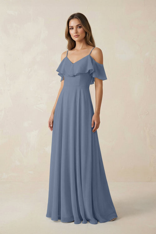 Off - the - Shoulder Ruffled A - Line Chiffon Bridesmaid Dress in Neptune - KissProm Bridesmaid Dresses