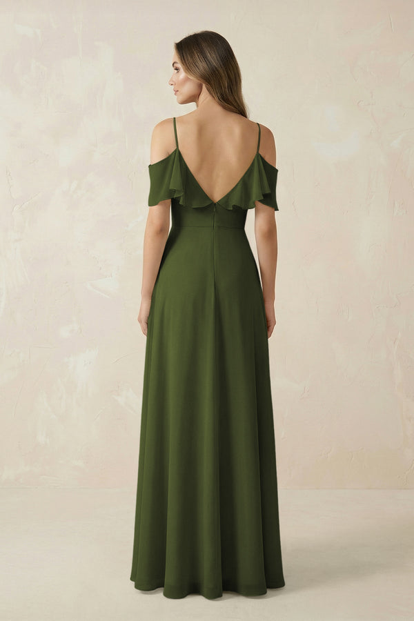 Off - the - Shoulder Ruffled A - Line Chiffon Bridesmaid Dress in Olive - KissProm Bridesmaid Dresses