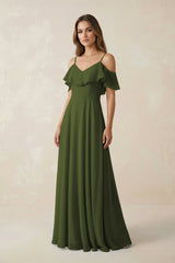Off - the - Shoulder Ruffled A - Line Chiffon Bridesmaid Dress in Olive - KissProm Bridesmaid Dresses