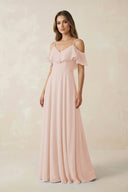 Off - the - Shoulder Ruffled A - Line Chiffon Bridesmaid Dress in Pale Blush - KissProm Bridesmaid Dresses