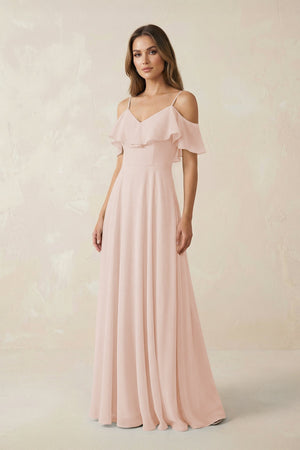 Off - the - Shoulder Ruffled A - Line Chiffon Bridesmaid Dress in Pale Blush - KissProm Bridesmaid Dresses
