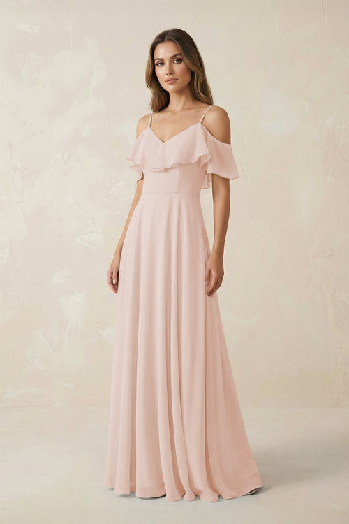 Off - the - Shoulder Ruffled A - Line Chiffon Bridesmaid Dress in Pale Blush - KissProm Bridesmaid Dresses