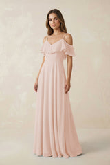 Off - the - Shoulder Ruffled A - Line Chiffon Bridesmaid Dress in Pale Blush - KissProm Bridesmaid Dresses