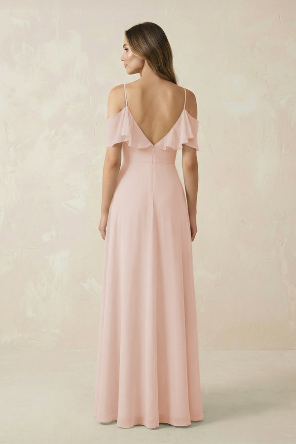 Off - the - Shoulder Ruffled A - Line Chiffon Bridesmaid Dress in Pale Blush - KissProm Bridesmaid Dresses