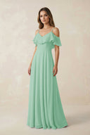 Off - the - Shoulder Ruffled A - Line Chiffon Bridesmaid Dress in Pale Pistachio - KissProm Bridesmaid Dresses