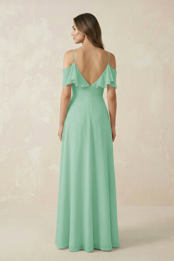 Off - the - Shoulder Ruffled A - Line Chiffon Bridesmaid Dress in Pale Pistachio - KissProm Bridesmaid Dresses