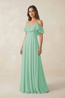 Off - the - Shoulder Ruffled A - Line Chiffon Bridesmaid Dress in Pale Pistachio - KissProm Bridesmaid Dresses