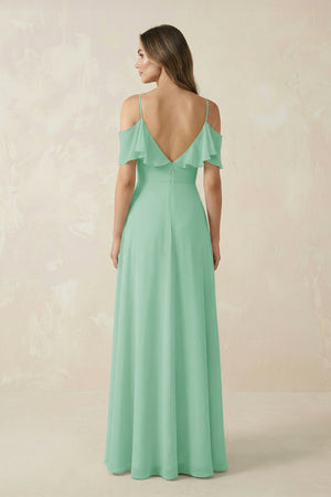 Off - the - Shoulder Ruffled A - Line Chiffon Bridesmaid Dress in Pale Pistachio - KissProm Bridesmaid Dresses