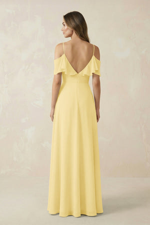 Off - the - Shoulder Ruffled A - Line Chiffon Bridesmaid Dress in Pastel Yellow - KissProm Bridesmaid Dresses
