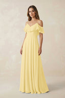 Off - the - Shoulder Ruffled A - Line Chiffon Bridesmaid Dress in Pastel Yellow - KissProm Bridesmaid Dresses