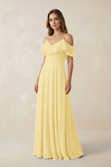 Off - the - Shoulder Ruffled A - Line Chiffon Bridesmaid Dress in Pastel Yellow - KissProm Bridesmaid Dresses