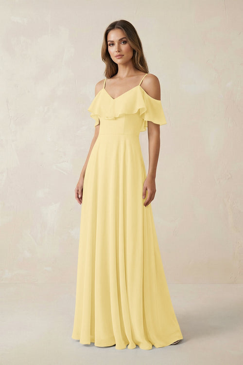 Off - the - Shoulder Ruffled A - Line Chiffon Bridesmaid Dress in Pastel Yellow - KissProm Bridesmaid Dresses