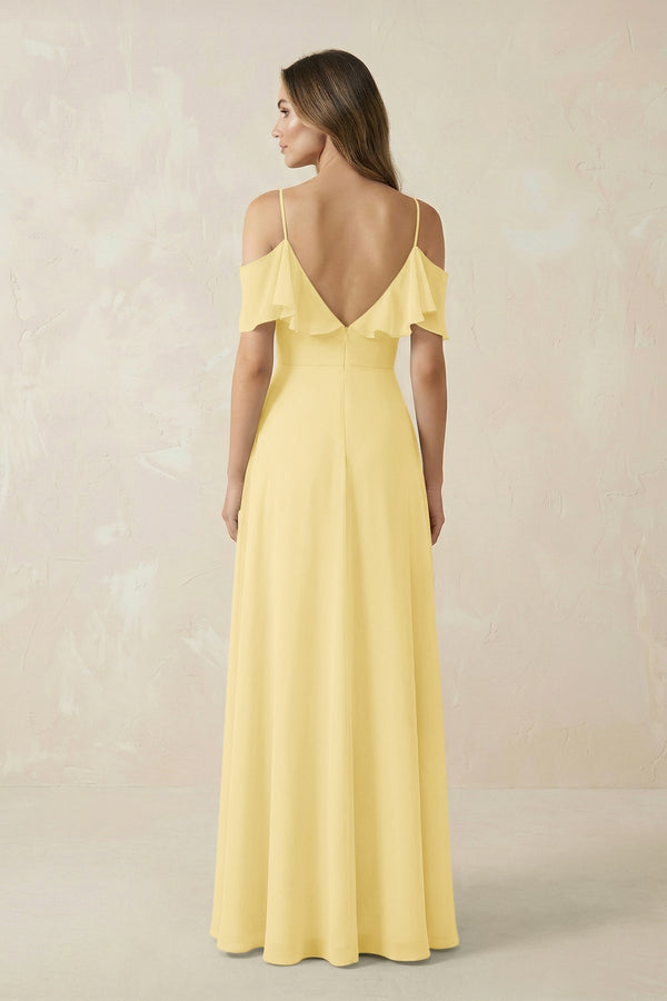 Off - the - Shoulder Ruffled A - Line Chiffon Bridesmaid Dress in Pastel Yellow - KissProm Bridesmaid Dresses