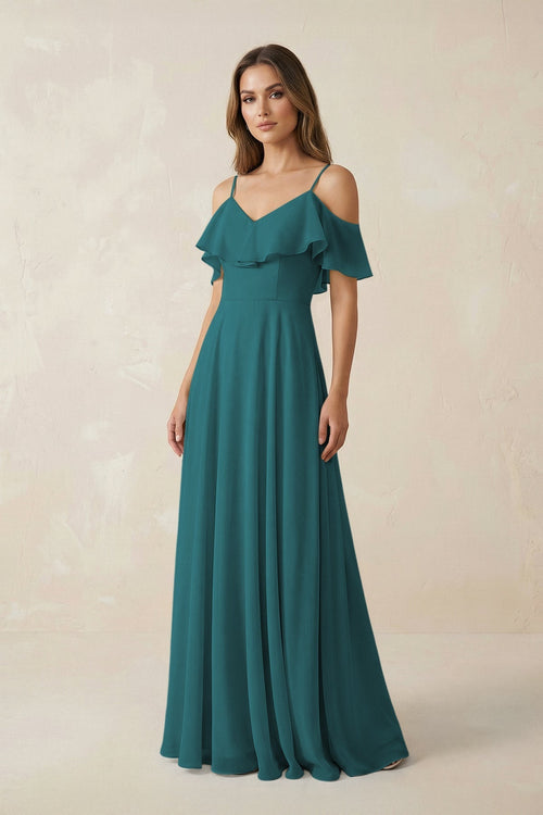 Off - the - Shoulder Ruffled A - Line Chiffon Bridesmaid Dress in Pine - KissProm Bridesmaid Dresses