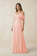 Off - the - Shoulder Ruffled A - Line Chiffon Bridesmaid Dress in Rose Petal - KissProm Bridesmaid Dresses