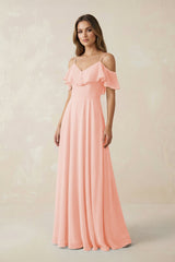 Off - the - Shoulder Ruffled A - Line Chiffon Bridesmaid Dress in Rose Petal - KissProm Bridesmaid Dresses