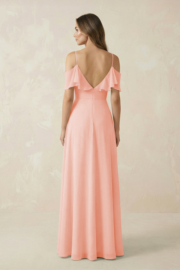 Off - the - Shoulder Ruffled A - Line Chiffon Bridesmaid Dress in Rose Petal - KissProm Bridesmaid Dresses