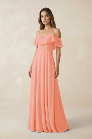 Off - the - Shoulder Ruffled A - Line Chiffon Bridesmaid Dress in Rosette - KissProm Bridesmaid Dresses