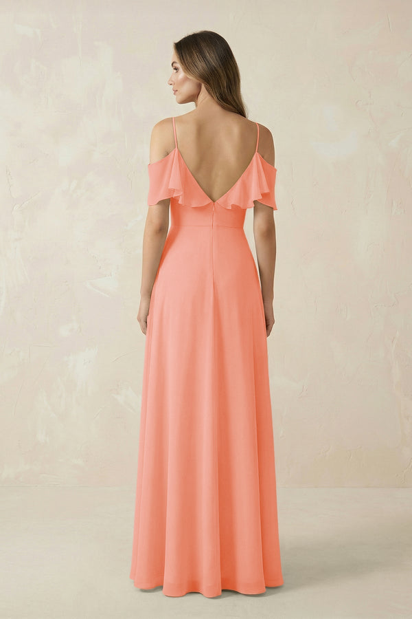 Off - the - Shoulder Ruffled A - Line Chiffon Bridesmaid Dress in Rosette - KissProm Bridesmaid Dresses