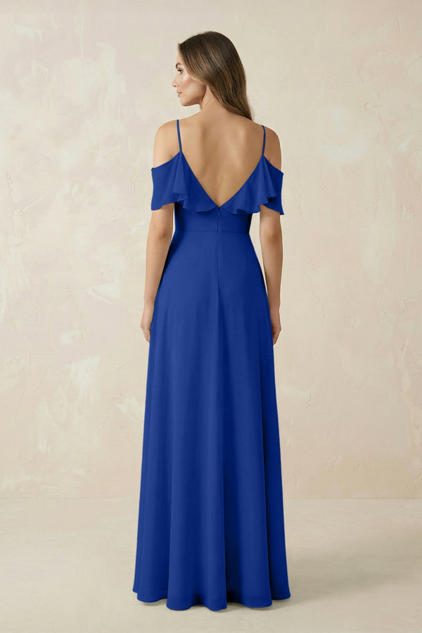 Off - the - Shoulder Ruffled A - Line Chiffon Bridesmaid Dress in Royal Blue - KissProm Bridesmaid Dresses