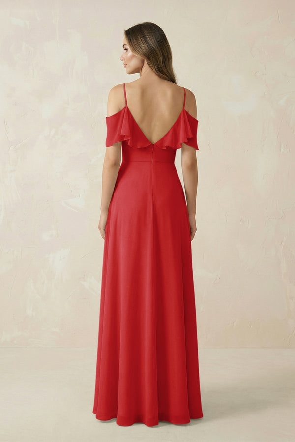 Off - the - Shoulder Ruffled A - Line Chiffon Bridesmaid Dress in Ruby Red - KissProm Bridesmaid Dresses